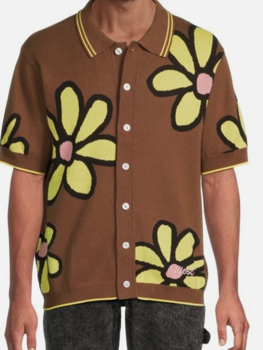NWT Unisex WESC Brown Button-Up Floral Knit Polo with Yellow & Pink Accents - Picture 9 of 10